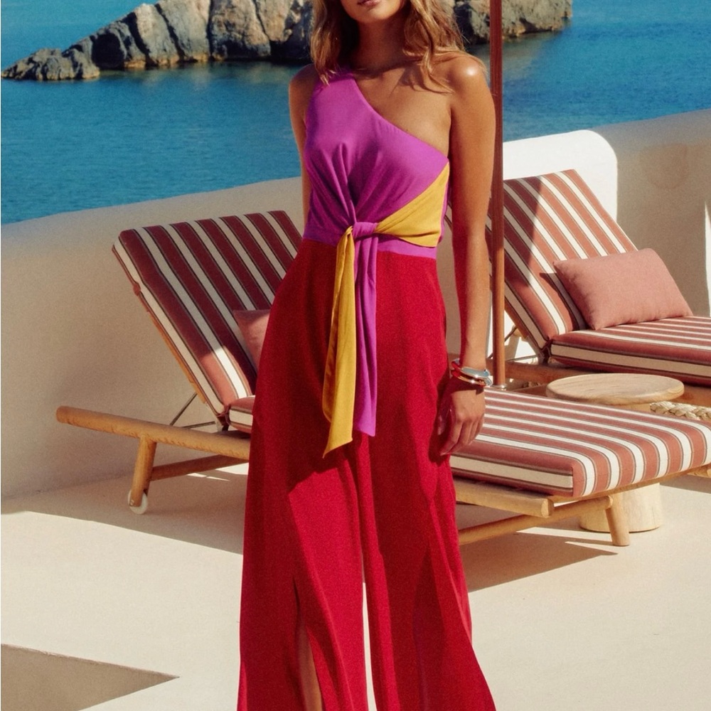 Mister Zimi Pink and Red Jumpsuit with Elegant One-Shoulder Design